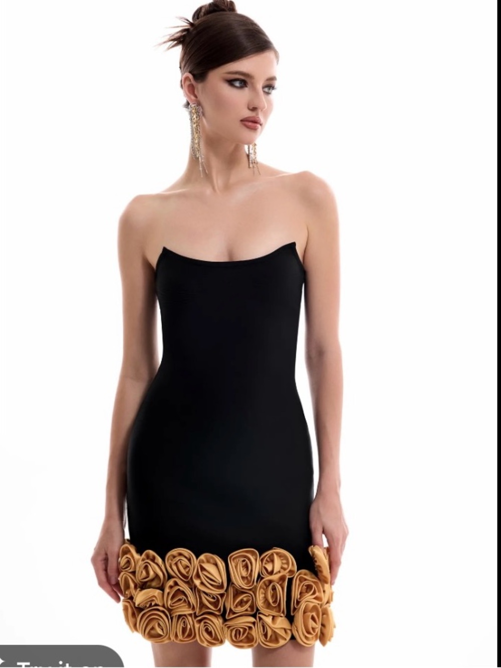 Strapless Black Dress with Gold Rosette Hem